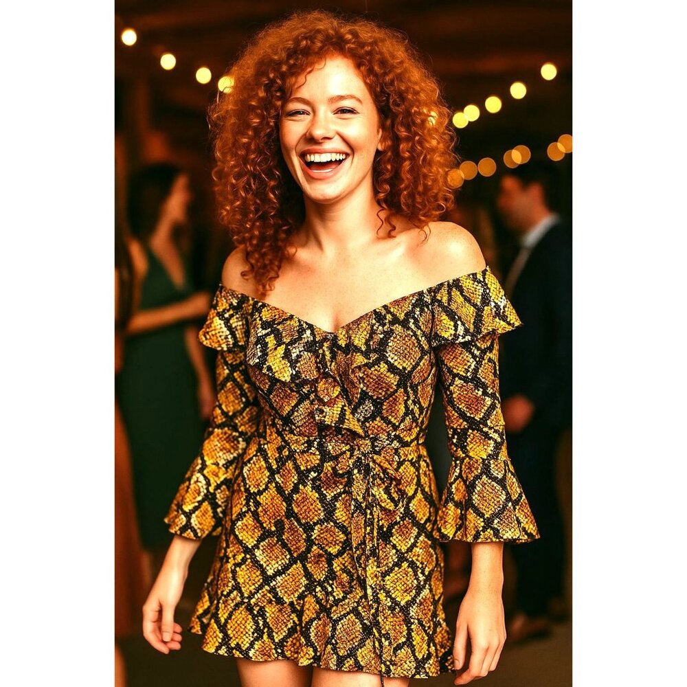 Boohoo Snakeskin Print Ruffle Mini Dress Long Sleeve Bold Party Fashion Look - Picture 5 of 15